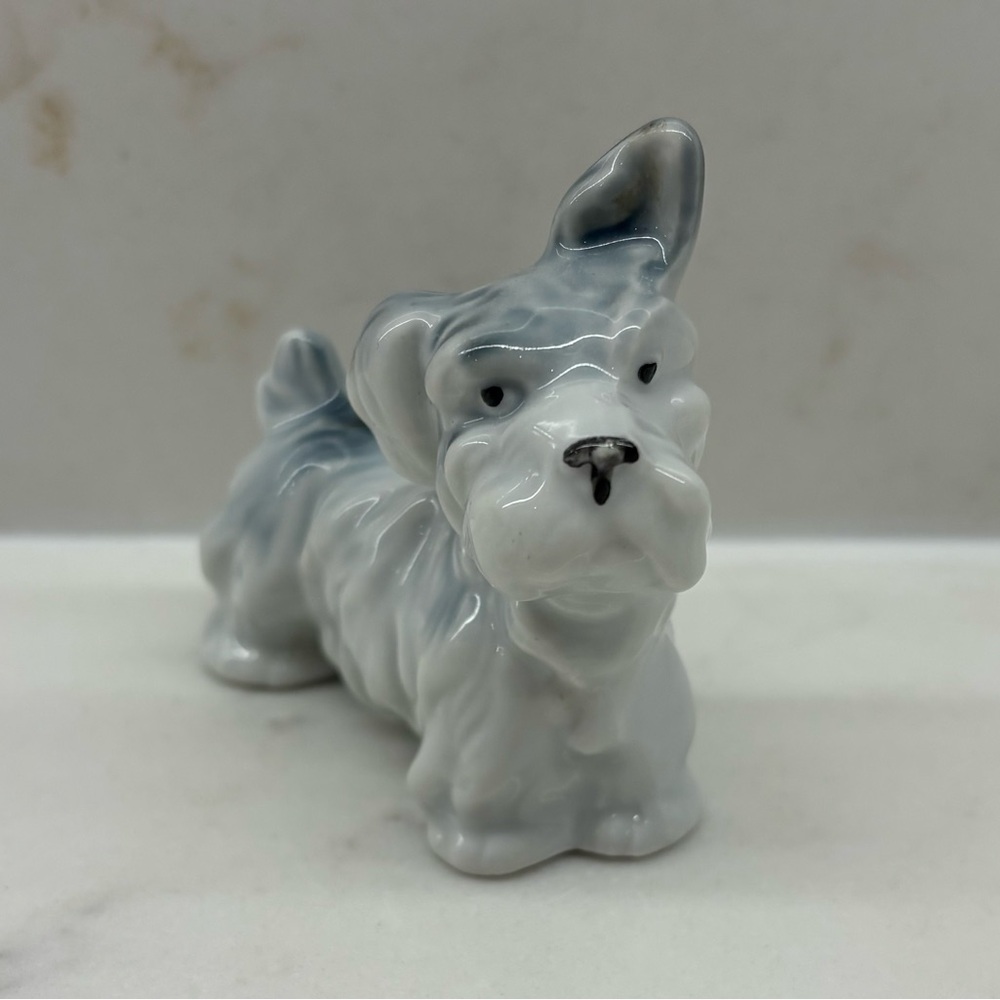 Vintage Miniature Grey White Terrier Ceramic Dog Figurine Ear Perked